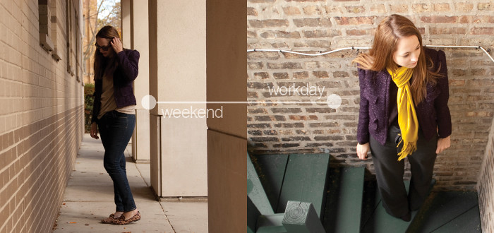 dash dot dotty, weekend to workday, transitional pieces, business casual, jacket two ways, purple tweed jacket