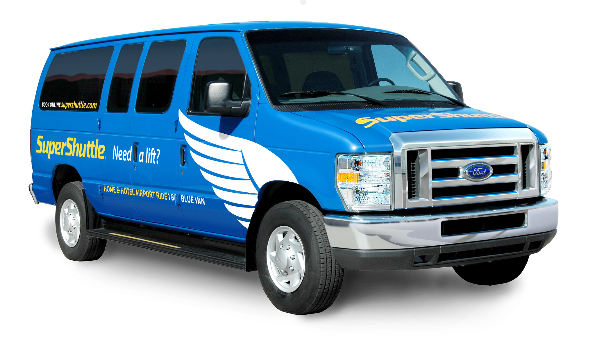 a blue van with white wings
