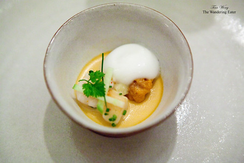 Sea urchin custard with baby squid, bay scallop, and apple