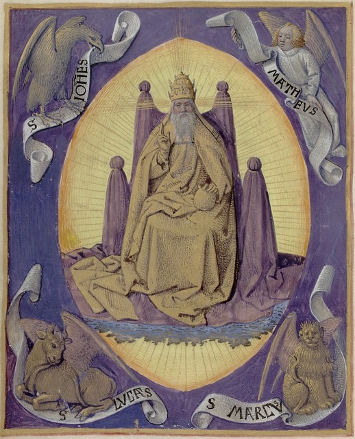 God the Father with symbols of the four Evangelists in the corners 13v