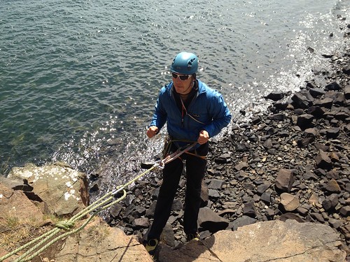 Euan Whittaker demonstrating a personal abseil, The Hawkcraig, Aberdour