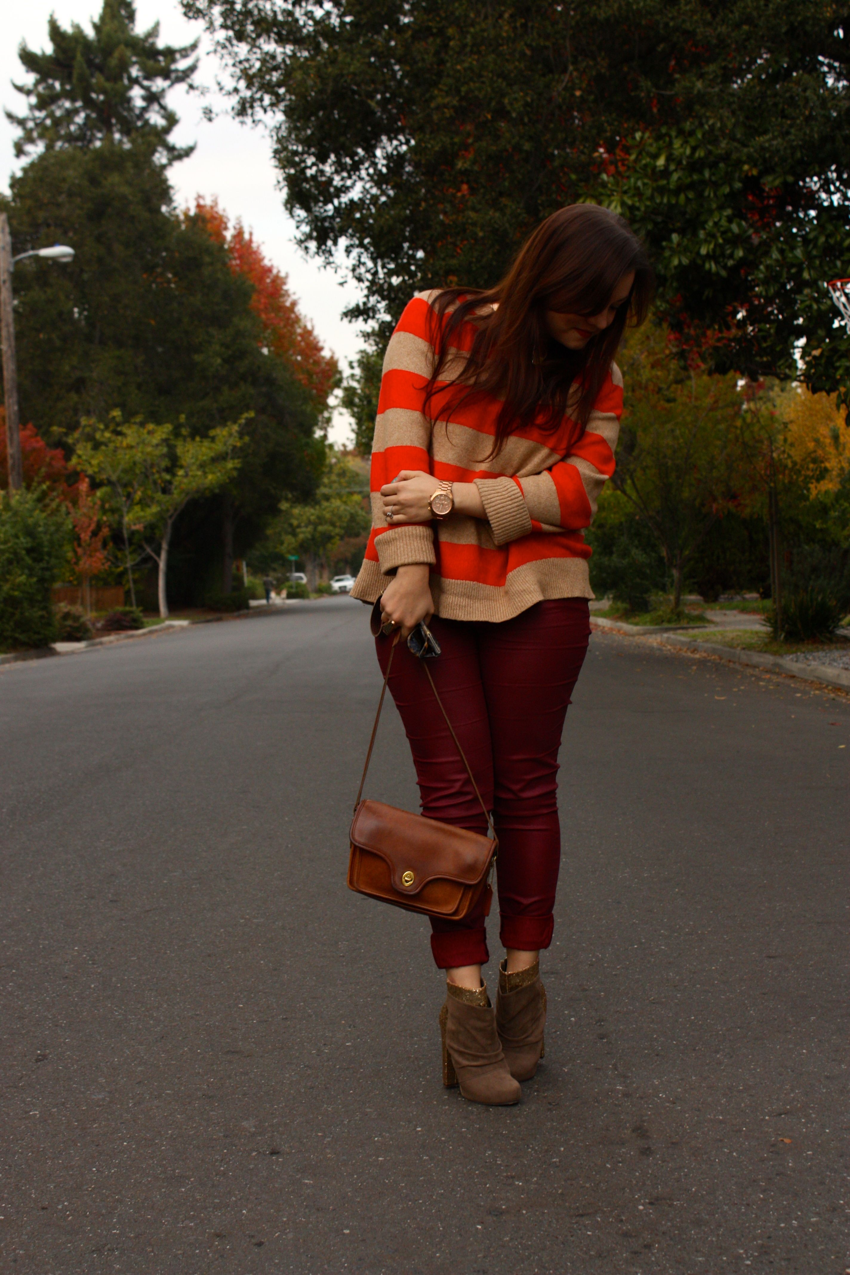 burgundy waxed jeans with orange striped lands end sweater and brown coach bag plus glitter booties09