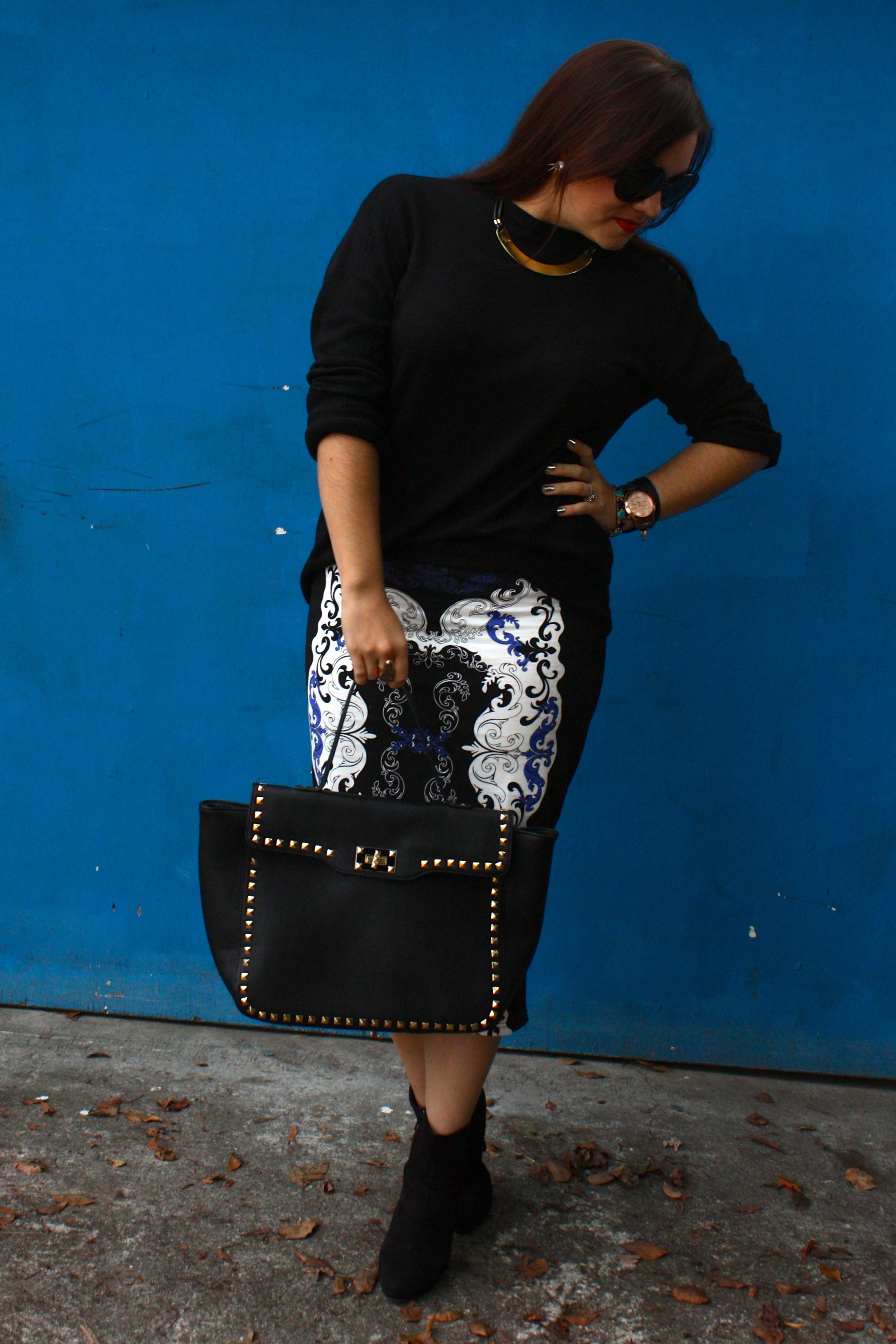 black white and blue mirrored pencil skirt with studded sweater and tote6