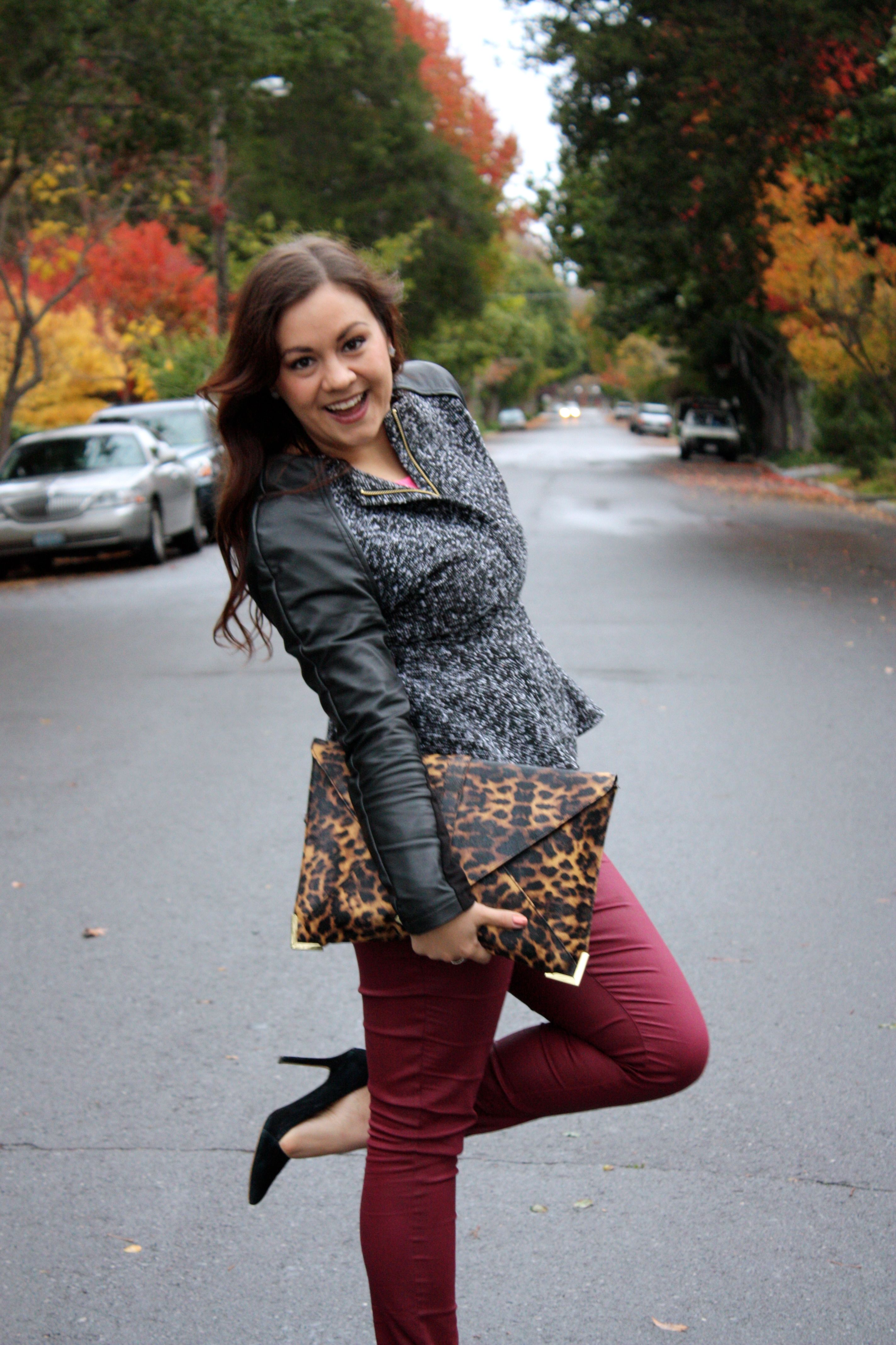 neon lace top - burgundy waxed jeans - tweed and leather peplum jacket - leopard envelope clutch10