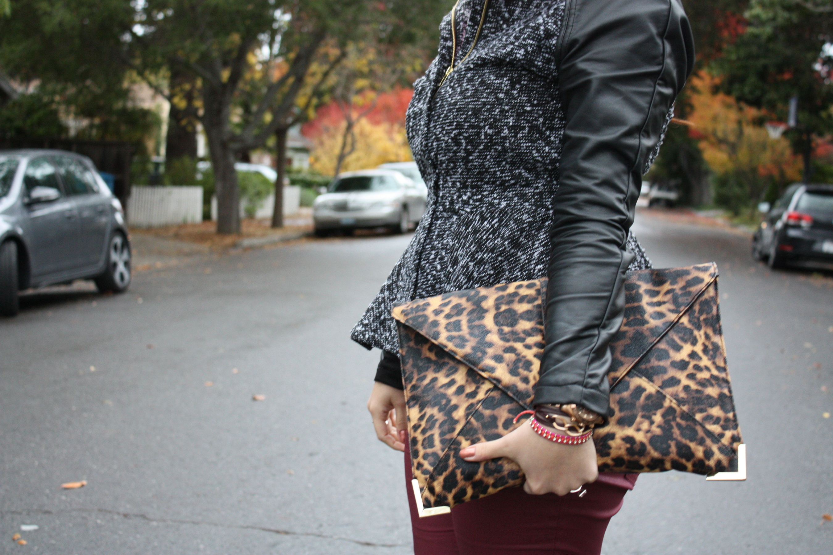 neon lace top - burgundy waxed jeans - tweed and leather peplum jacket - leopard envelope clutch11