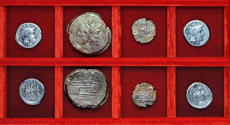 RRC 201 C.SCR Scribonia denarius and bronzes, RRC 202 C.TAL Juventia denarius, Ahala collection, coins of the Roman Republic