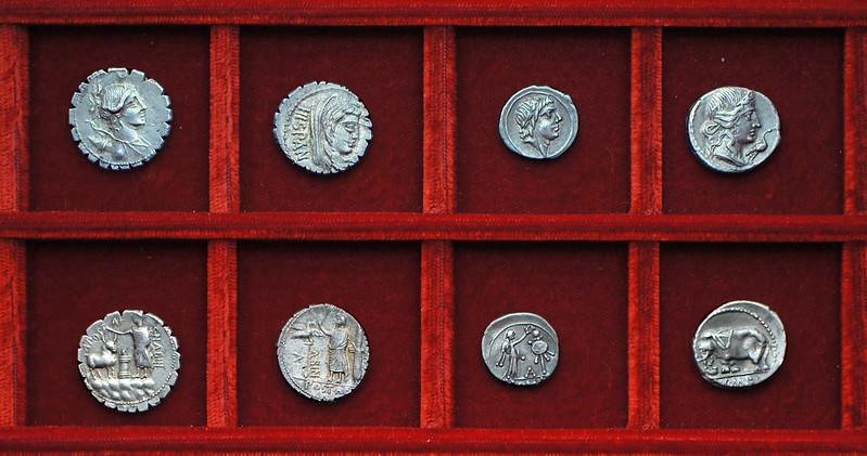 RRC 373 A.POST ALBIN Postumia, RRC 373 Apollo Victory quinarius, RRC 374 Q.C.M.P.I. Metellus Pius Caecilia, Ahala collection, coins of the Roman Republic