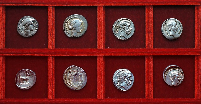 RRC 432, 54BC CN PLANCIVS Plancia, RRC 433, 54BC BRVTVS Junia, RRC 434, 54BC Q.POM RVFI Pompeia, Ahala collection, coins of the Roman Republic