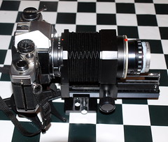 OM10 with bellows, Ysaron 90mm enlarger lens and telek lens