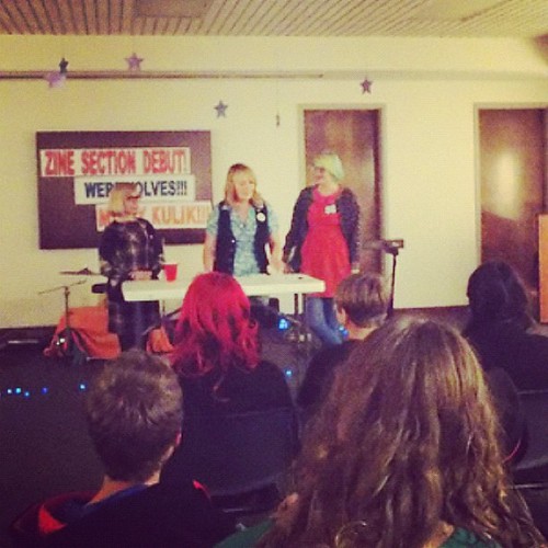 Me, Lonna, and Katy giving a talk about how we got into zines.