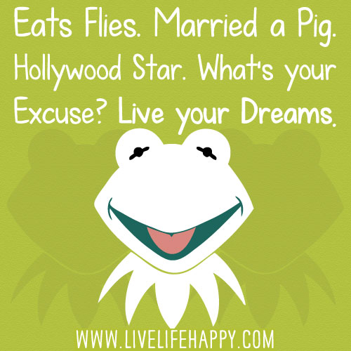Eats flies. Married a pig. Hollywood star. What's your excuse? Live your dream.