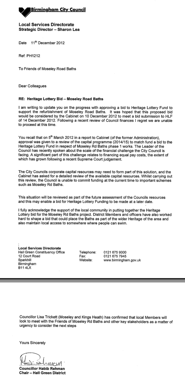 Letter from Council re. HLF bid - 11/12/12