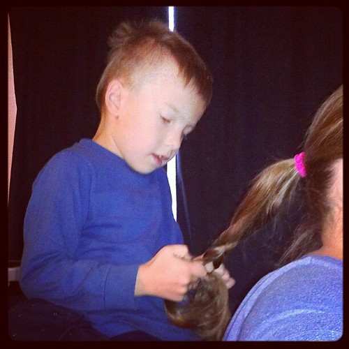 10 on 10- 8:30am. the boy enjoys playing with my hair. He loves to braid!