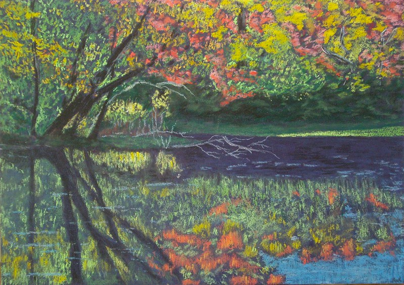 Pastel painting trees and water