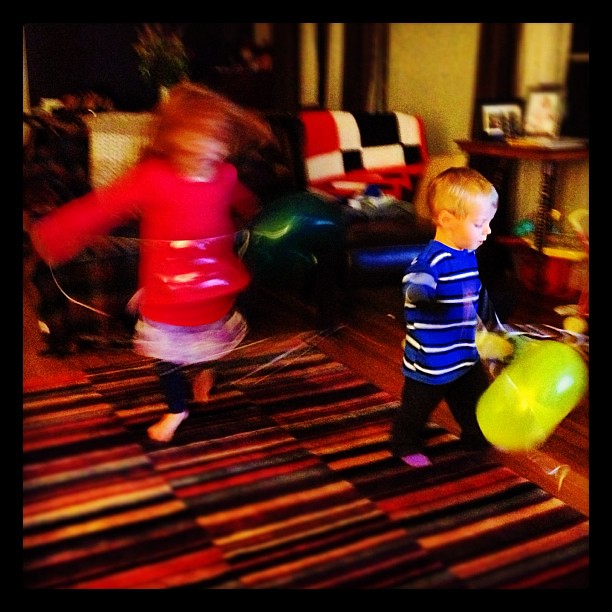 We moved the furniture out of the way and are having a rave in our living room. Like you do.