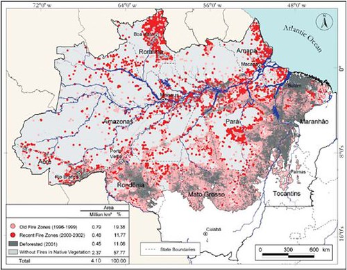 世界資源協會(WRI)所統計1996-2002年間在巴西亞馬遜的火燒帶(Fire zone)範圍，這些火燒帶多用來開墾大豆田、畜牧場、礦場或修築道路。(資料來源：世界資源協會(WRI))