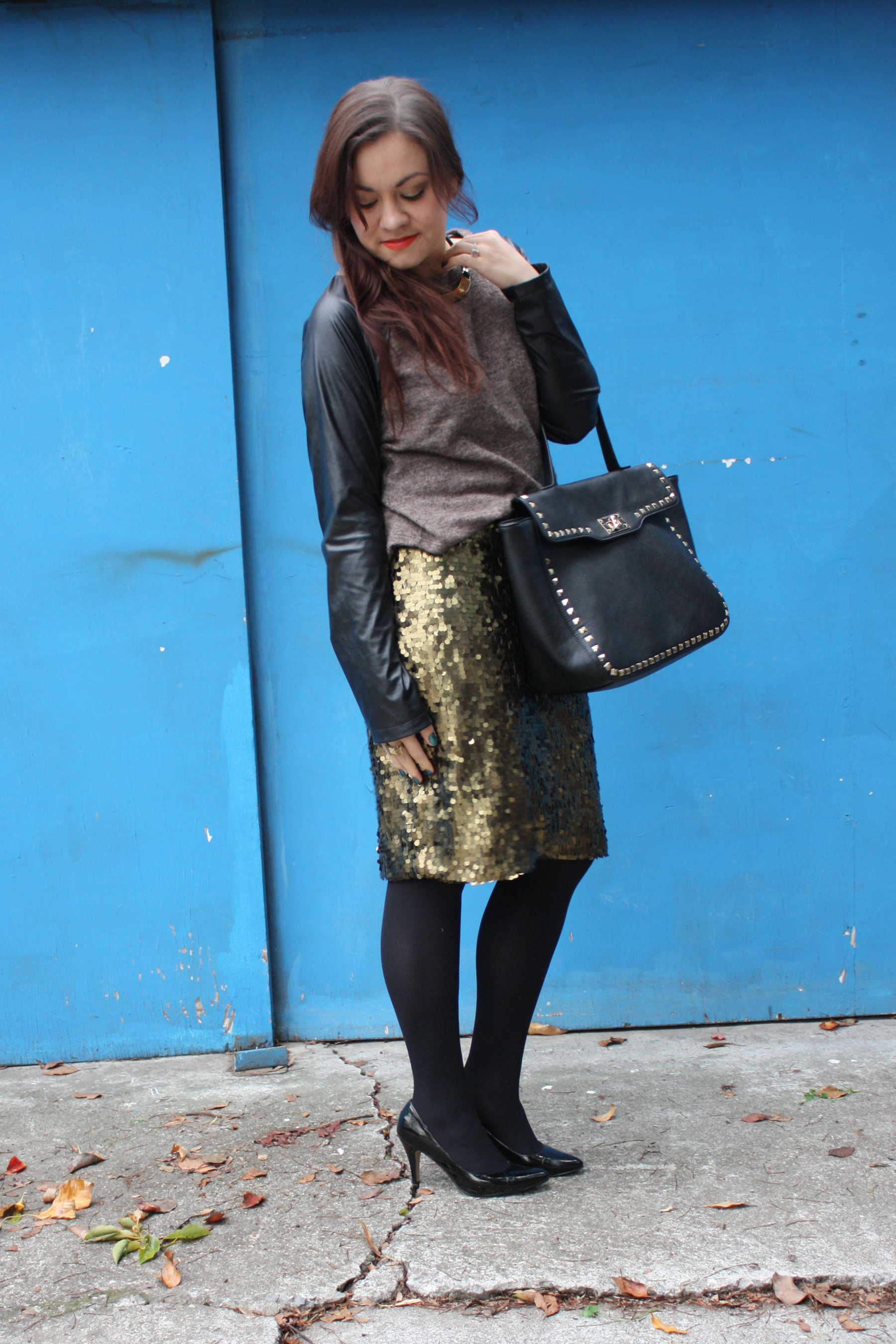 sequin pencil skirt - leather sleeve raglan sweater - studded trim tote - tights - ankle boots06