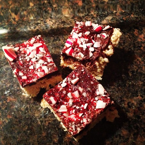 My contribution to the party we attended tonight - peppermint chocolate Rice Krispie treats