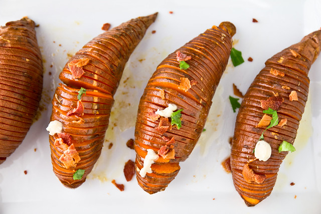 Hasselback Sweet Potatoes with Maple-Cinnamon Butter and Bacon