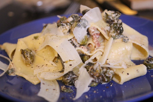 Pappardelle with Roasted Brussels Sprouts in Bacon Cream Sauce