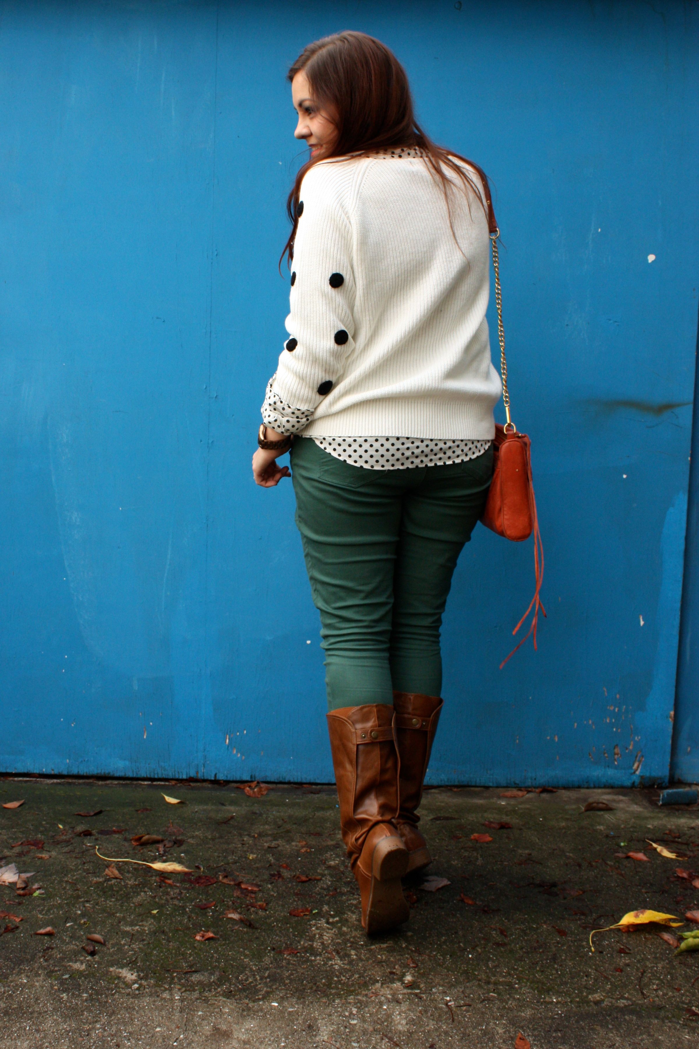 polka dot sweater and blouse - forest green jeans - congac boots - orange rebecca minkoff mac07