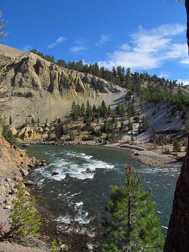Looking downstream along the Yellowstone River from the lower viewing area, Tower Falls Trail, Yellowstone National Park, Wyoming