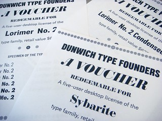 License vouchers for Sybarite, Lorimer No. 2, and Lorimer No. 2 Condensed fonts