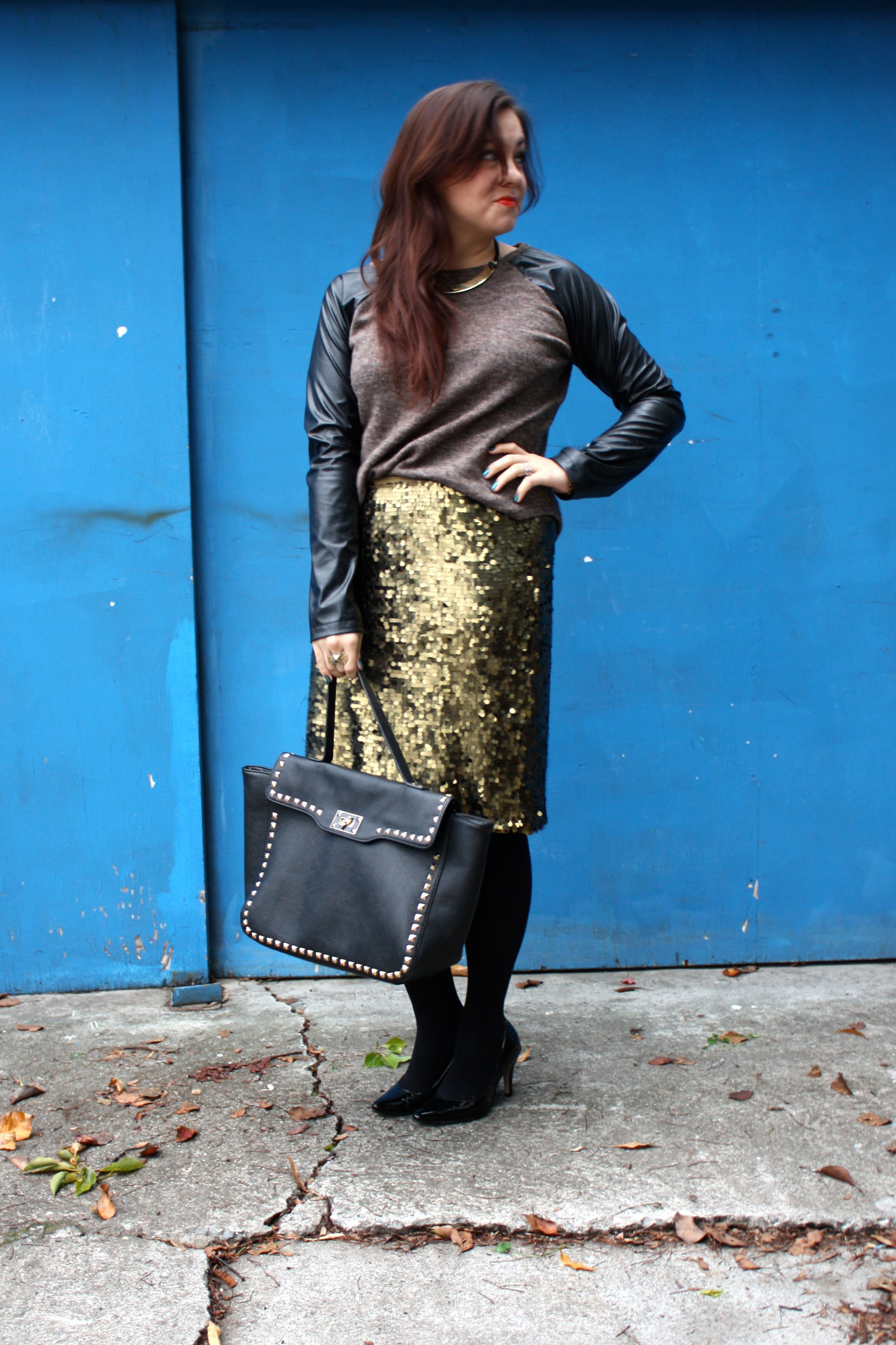 sequin pencil skirt - leather sleeve raglan sweater - studded trim tote - tights - ankle boots03