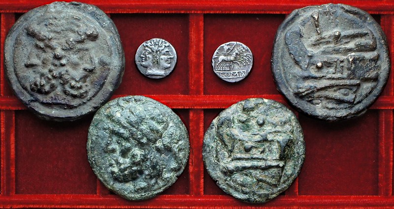 RRC 038 semilibral Aes Grave prow as, semis, RRC 28 late debased quadrigatus didrachm, Ahala collection, coins of the Roman Republic