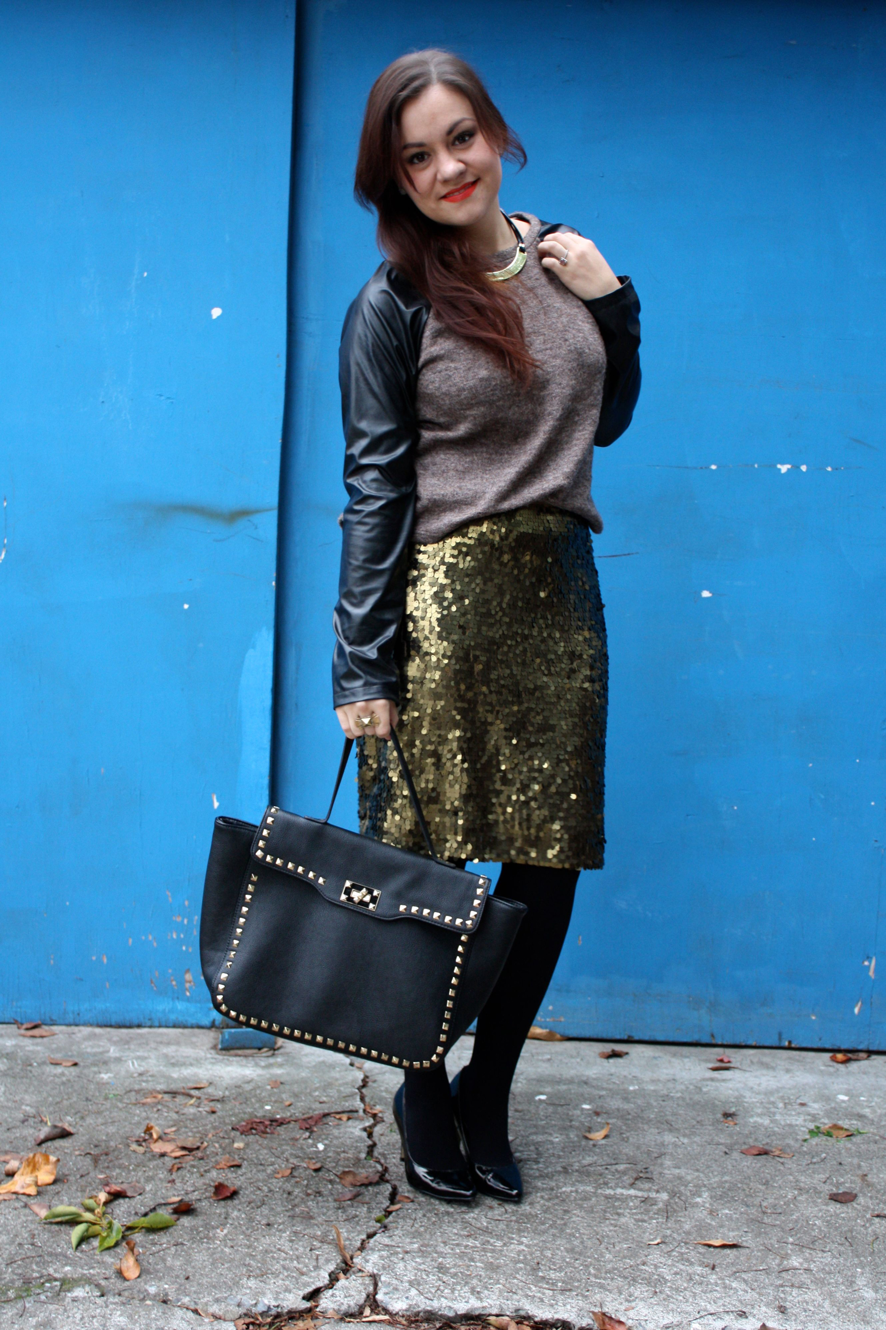 sequin pencil skirt - leather sleeve raglan sweater - studded trim tote - tights - ankle boots04