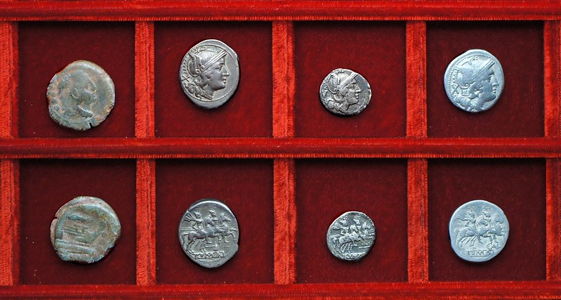 RRC 072 corn-ear quadrans, third series, RRC 73 dolabella silver, RRC 75 C.AL Aelia denarius, Ahala collection, coins of the Roman Republic