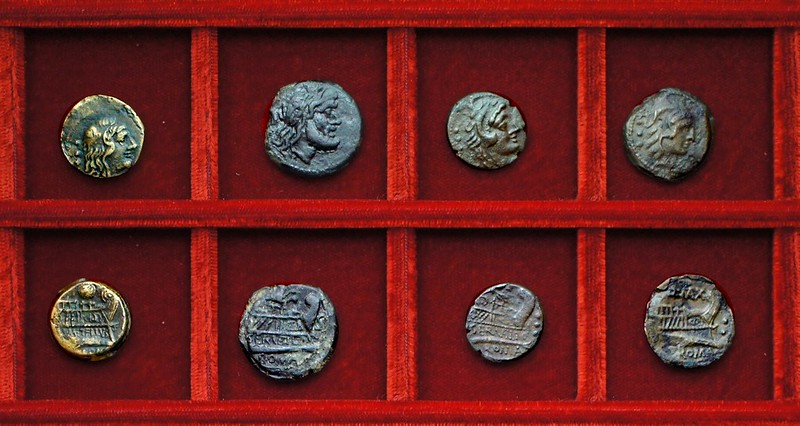 RRC 263 M.METELLVS Caecilia quadrans, RRC 264 C.SERVEILI Servilia bronzes, RRC 265 Q.MAX Fabia quadrans, Ahala collection, coins of the Roman Republic