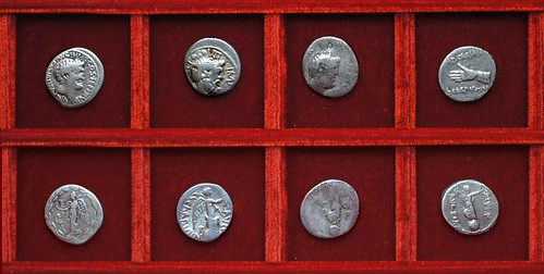 RRC 545 D.TVR Turillia Antony, RRC 546-2 SCARPVS M.ANTO Scarpus Antony, RRC 546-4-6 IMP CAESAR Scarpus Octavian, Ahala collection, coins of the Roman Republic