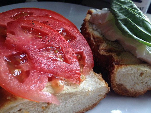 Tomatoes and basil from CSA. Bread from Caputos.