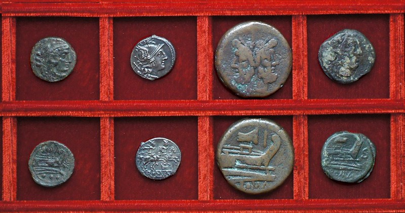 RRC 113R star quadrans official issue (not RRC 196), RRC 114 rostrum tridens denarius, bronzes, Ahala collection, coins of the Roman Republic