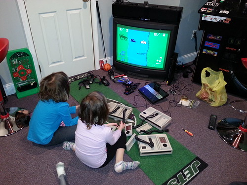 The girls playing The Electric Company Math Fun from 1979 on the Mattel Intellivision II.