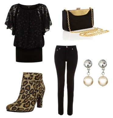 Black Blouse and Pants with Leopard Ankle Boots