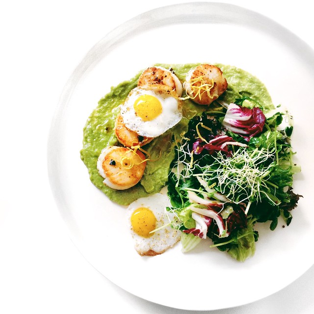 Pan-Seared Scallops with Avocado Puree, Burnt Butter and Quail Eggs