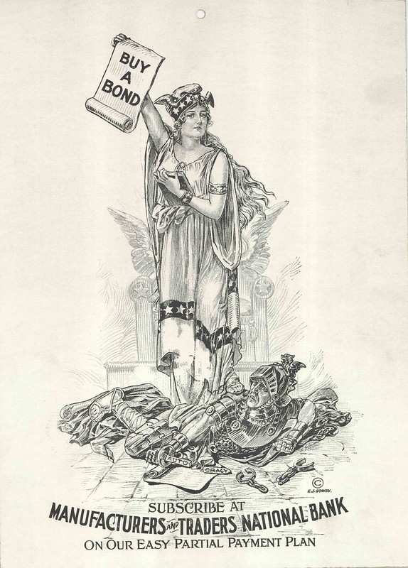 B&W illustration of classical history woman (?Greek goddess) asking citizens to buy bonds