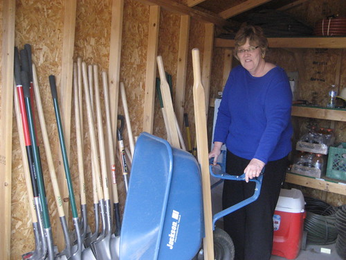 Cathy Eden in the well stocked shed.