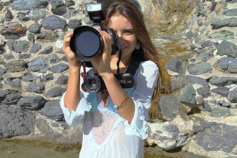 Pretty Swimsuit Bikini Model with a Big 
Canon 5D Mark ii Camera, Camcorder, and Lens!