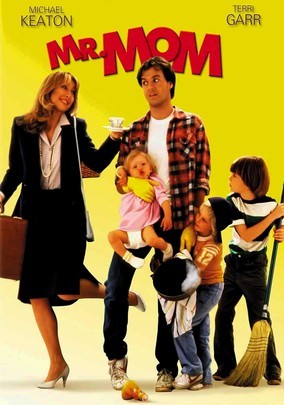 Mr Mom DVD cover, yellow background with title in red letters. Teri Garr wears a skirt suit and smiles as she hands her teacup to Michael Keaton, who is looking unimpressed and surrounded by kids and chaos.. 
