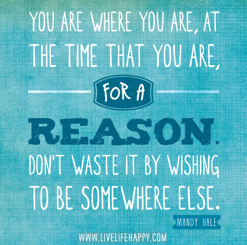 You are where you are, at the time that you are, for a reason. Don't waste it by wishing to be somewhere else. -Mandy Hale