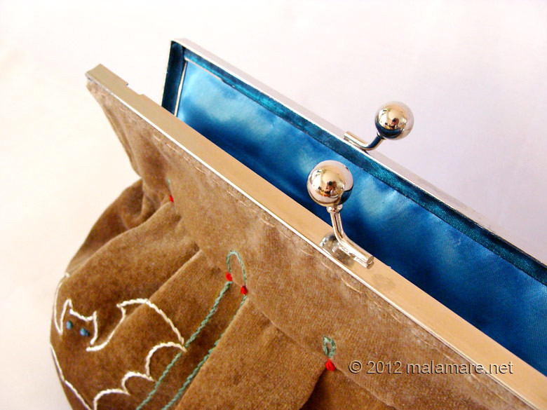 Brown velvet clutch bag with bat hand embroidery and purse frame blue satin inside