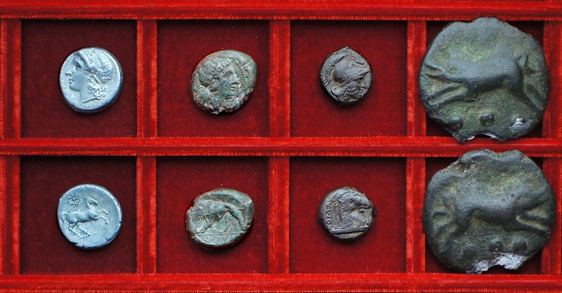 RRC 15 Apollo Horse didrachm, RRC 16 Goddess Lion, RRC 16 Mars horsehead, RRC 18 Aes Grave sextans, Ahala collection, coins of the Roman Republic