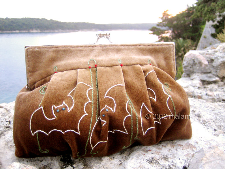 Brown velvet clutch bag with bat hand embroidery and purse frame