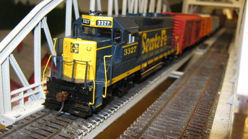 H.O  Scale  Santa Fe freight train crossing the Missisippi River lift bridge. by Eddie from Chicago