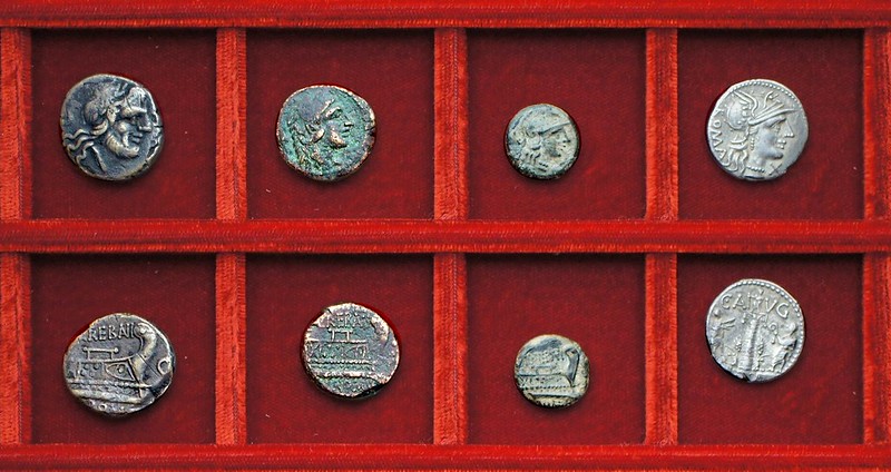 RRC 241 L.TREBANI Trebania bronzes, RRC 242 C.AVG Minucia column denarius, Ahala collection, coins of the Roman Republic