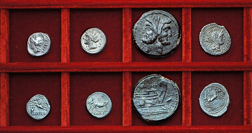 RRC 320 L.IVLI CAESAR Julia, RRC 321 L.CASSI CAEICIAN Cassia, RRC 322 C.FABI Fabia As, RRC 324 M.LVCILI RVF Lucilia, Ahala collection, coins of the Roman Republic