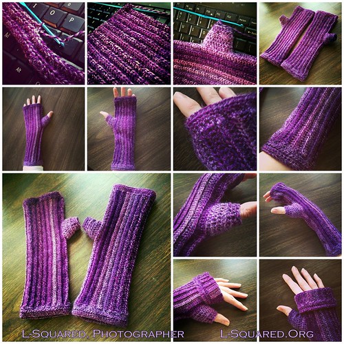 Fingerless mittens with a ribbed/striped stitch pattern crocheted with yarn that has various shades of purple - some photos show the mitts in progress, completed and laying flat on a dark wooden surface, and being modeled on my hands. 